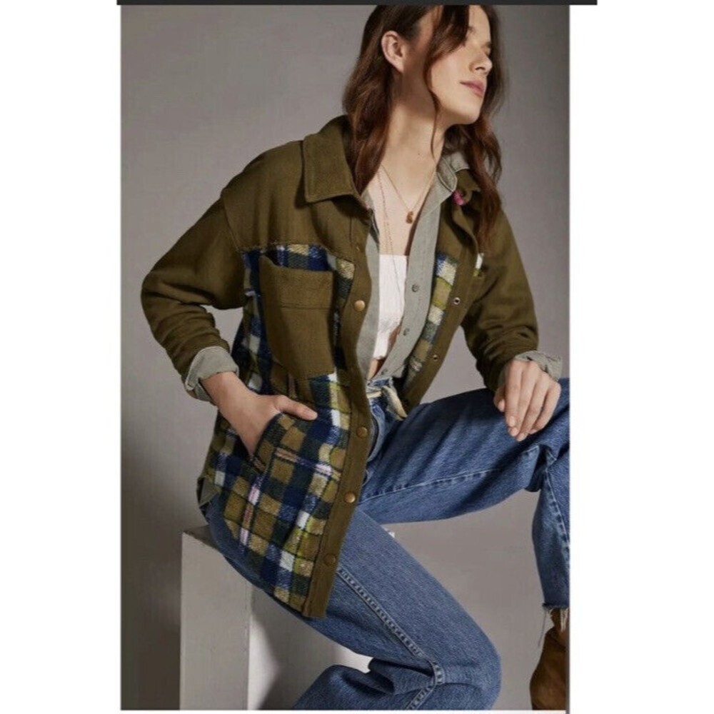 Anthropologie Pilcro Plaid Contrast Shirt Jacket Size Small Green Color